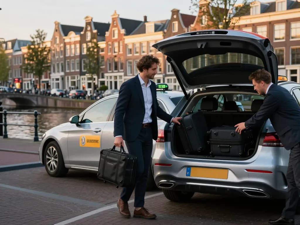 Taxirit in Amsterdam met een professionele chauffeur die bagage laadt bij Schiphol, met de nadruk op comfort en luxe.