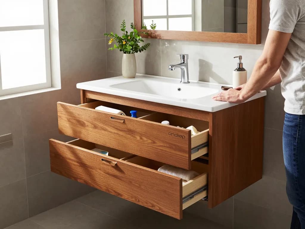 Stijlvol ondiep bathroommeubel dat opslagoplossingen toont in een moderne badkamer.