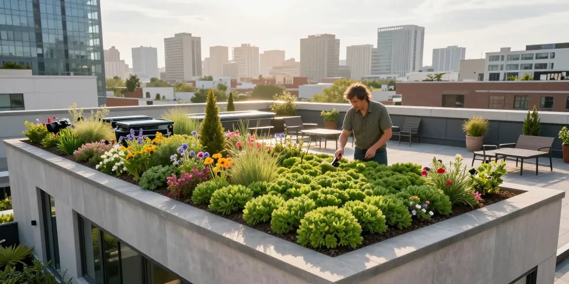 Vibrant mos sedum dak op een dak met een landschapsarchitect die planten inspecteert, wat stedelijke tuinieren laat zien.