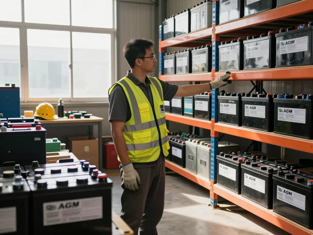 Werknemer inspecteert AGM-batterijen in een goed georganiseerde opslagruimte, met de nadruk op batterijveiligheid en betrouwbaarheid.
