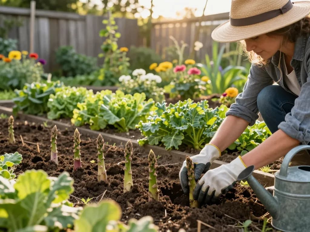 Aspergeklauwen kopen - Gardener planting fresh asparagus crowns in vibrant vegetable garden.