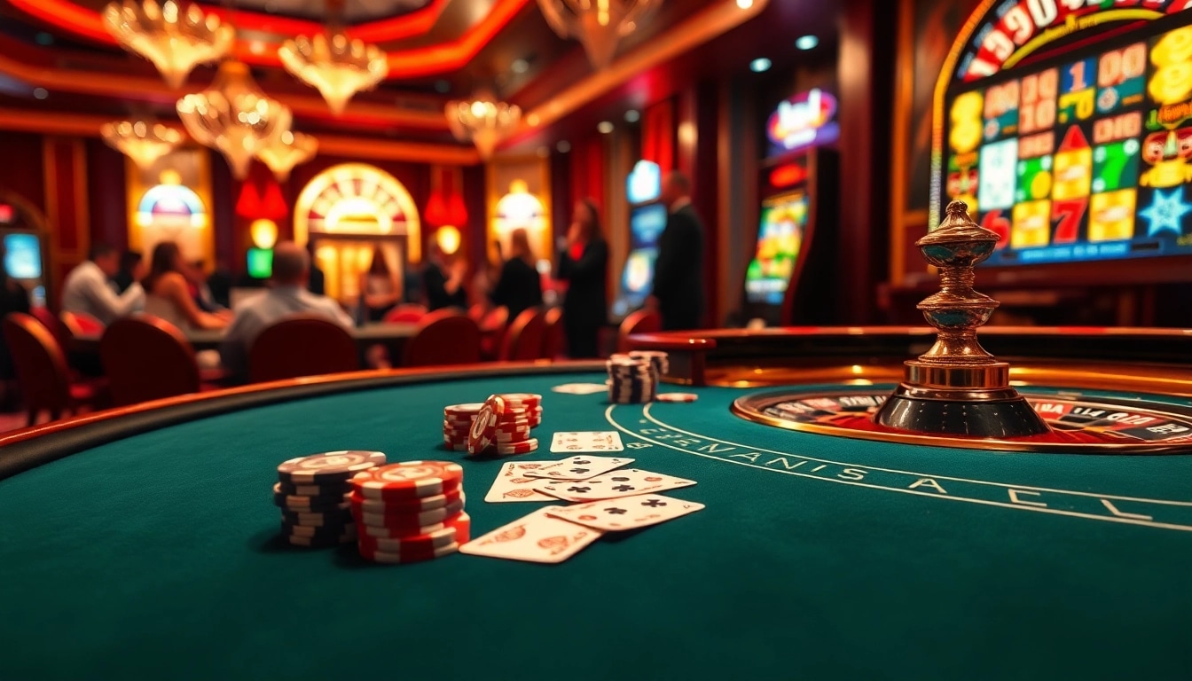 Experience the thrilling ambiance of DA88 with vibrant casino tables, cards, and spinning roulette.