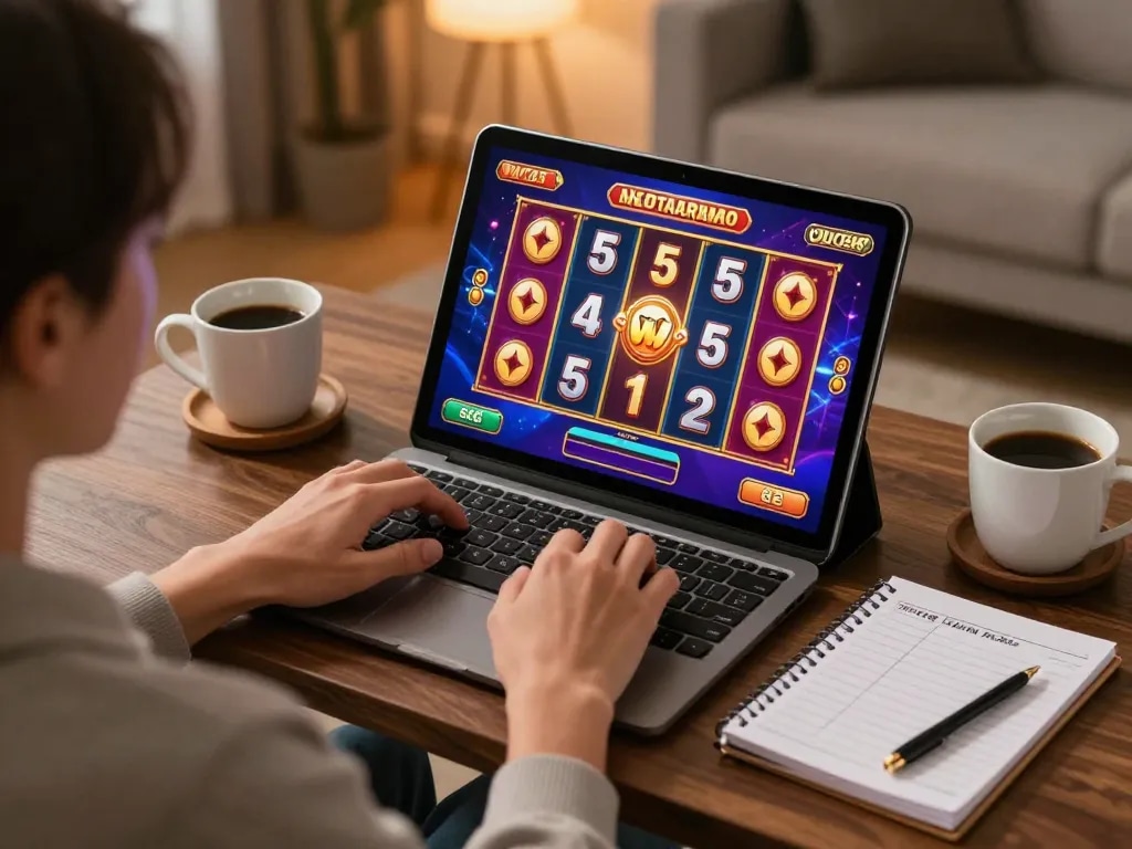 Engaging gameplay at w 88 online casino, showing a player enjoying slots on a tablet in a cozy home setting.