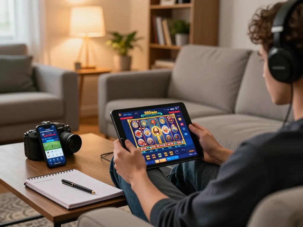 Engaging in thrilling gameplay on the 555win app while enjoying a cozy home environment