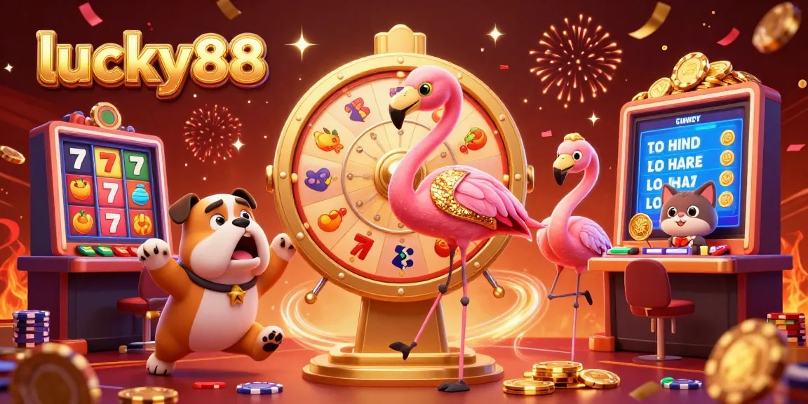 Engage with lucky88 excitement in this dynamic casino scene featuring a flamingo host, bulldog contestant, and vibrant gaming elements.