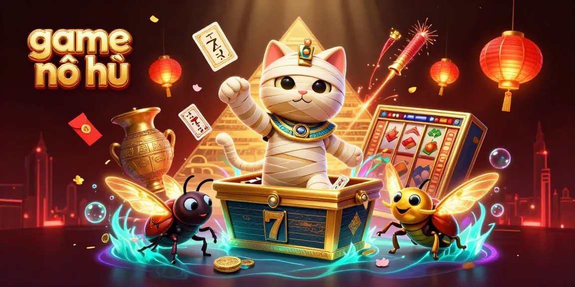 Experience the excitement of game nổ hũ with a dynamic scene featuring a cartoon Egyptian mummy cat and magical slot symbols.