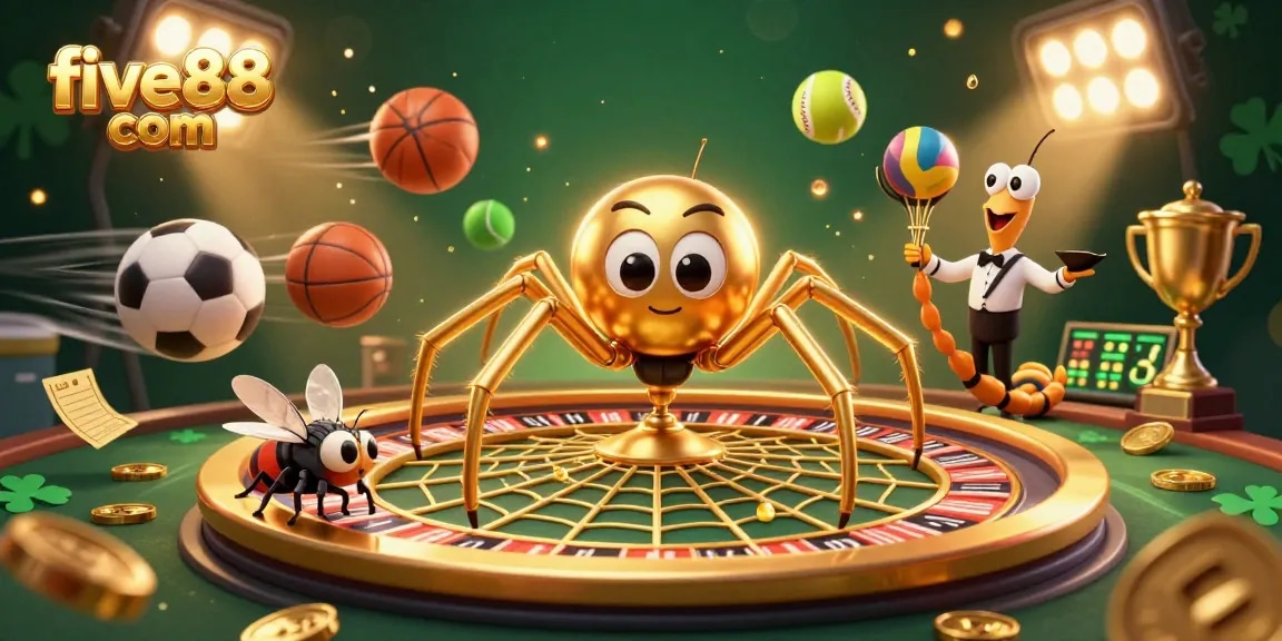 Engage with five88 com's vibrant casino scene featuring a golden spider and a centipede croupier.