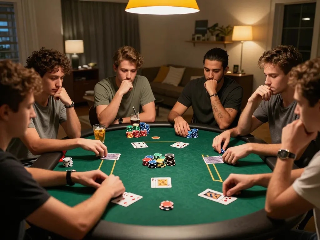 Friends enjoying a competitive poker night at home with 9BET strategy and excitement.