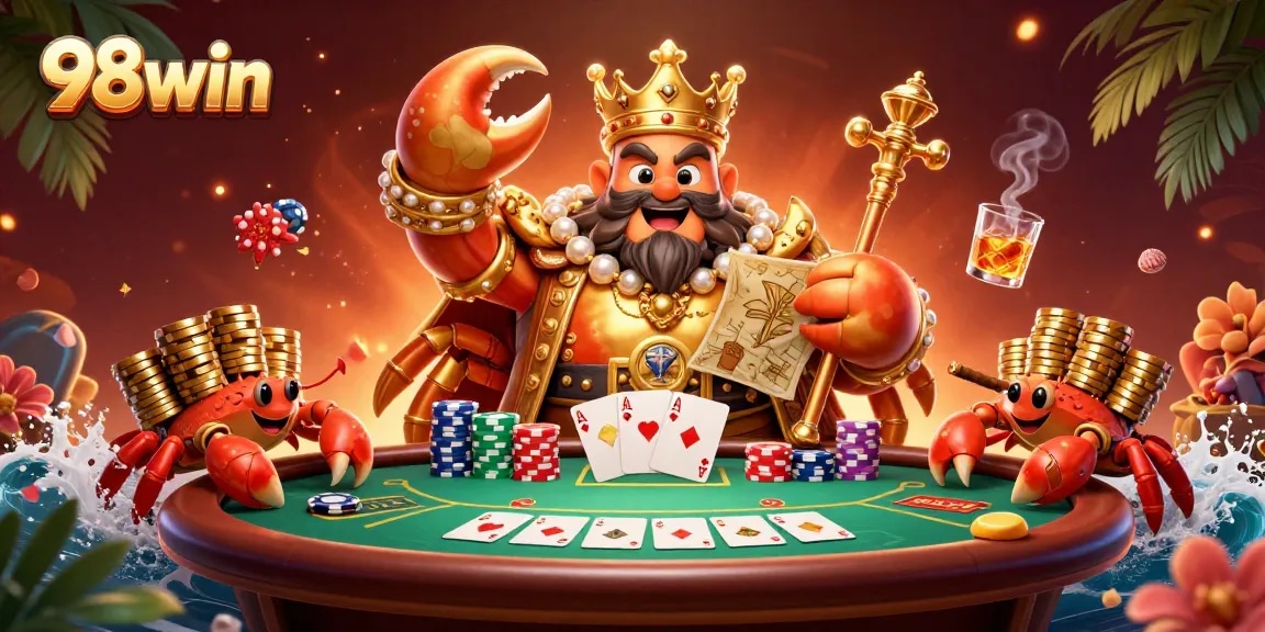 Experience thrilling poker action at 98win with a golden crab emperor and vibrant casino elements.