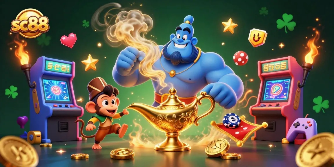 Engage with sc88's vibrant 3D casino illustration featuring a genie, monkey, and magic carpet.