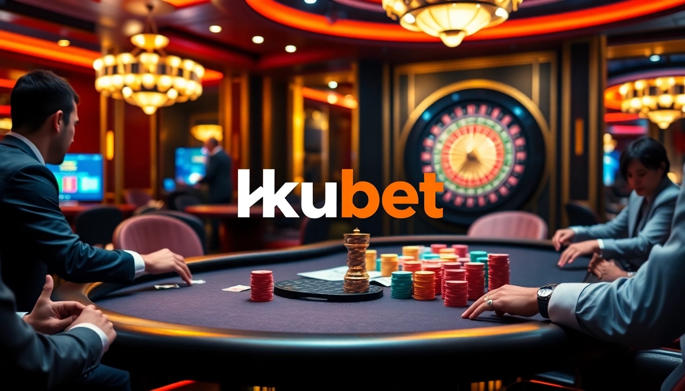 kubet gaming table with players betting and a vibrant roulette wheel in the background