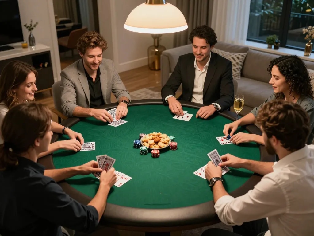 Players engaged in a friendly poker game at home, a vibrant display of social interaction and strategy within a nhà cái atmosphere.