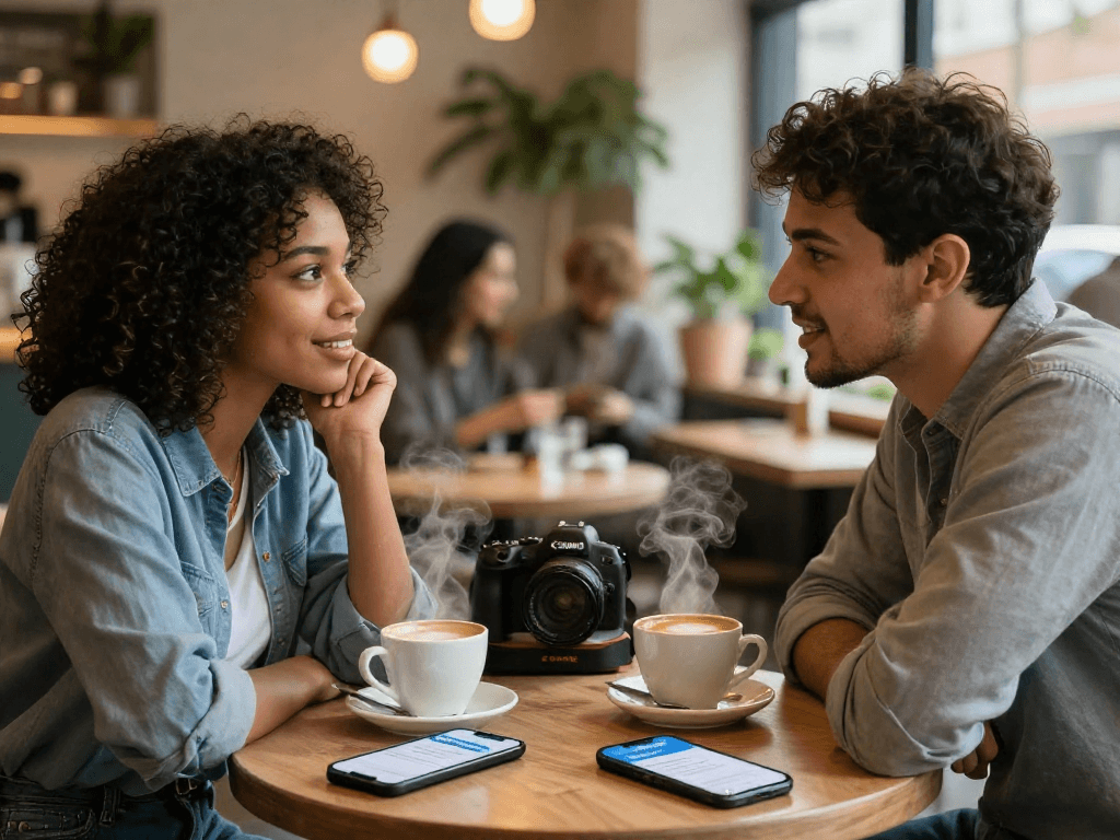 Engaging couple enjoying coffee while exploring the f168dating app in a cozy café setting.