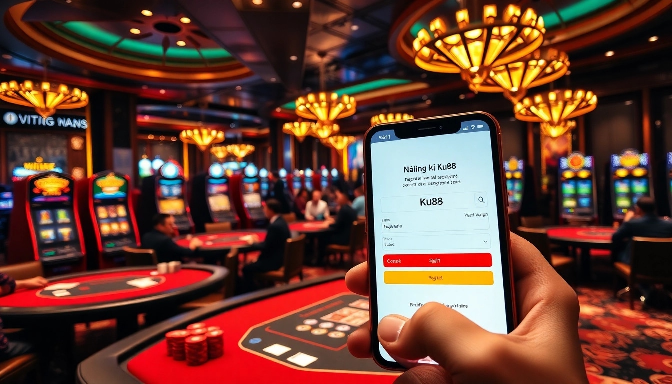 Engaging scene depicting players registering on Đăng ký Ku88 amidst vibrant casino excitement.