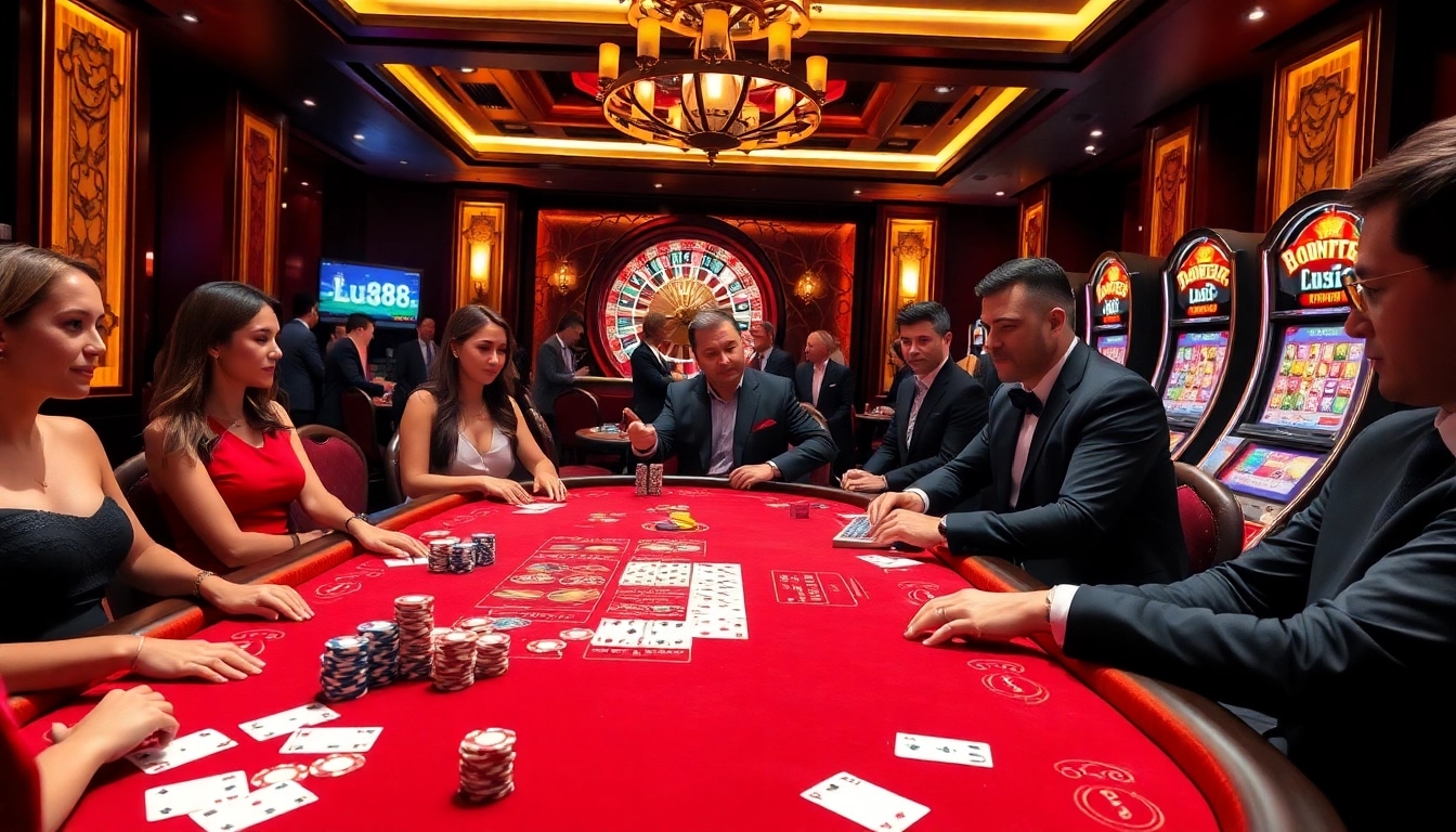 LU88 casino scene with poker table, chips, and roulette wheel highlighting high-stakes excitement.