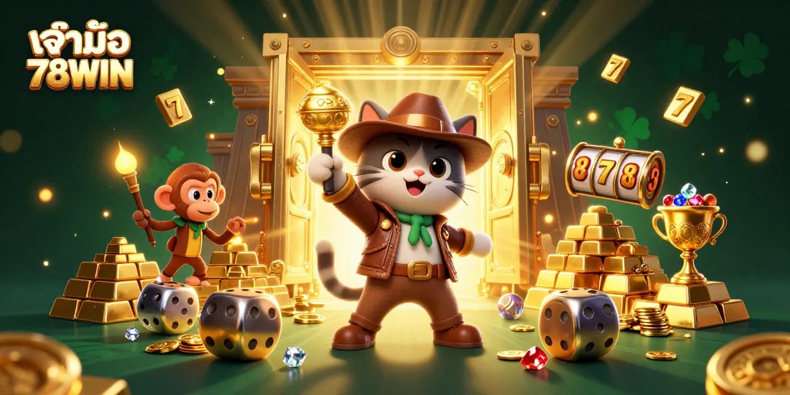 Play thrilling games with เจ้ามือ 78WIN in an exciting casino scene filled with treasures and vibrant elements.