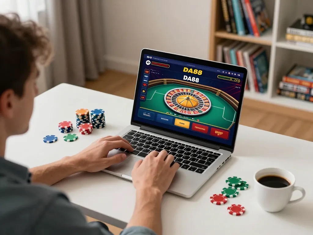 Player strategizing with DA88 online casino games on a laptop in a cozy home office setting