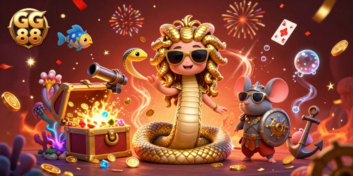 Experience the excitement of GG 88 with friendly Medusa and a warrior mouse surrounded by gems and coins in a dynamic 3D scene.