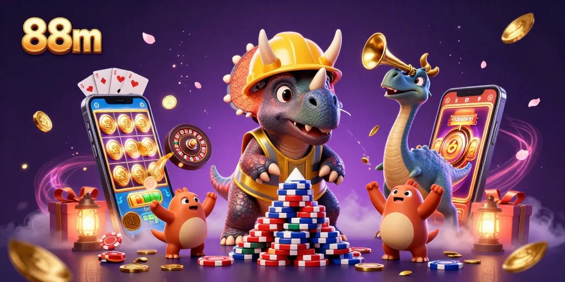 88m delivers fun as dinosaurs play games and celebrate winning big in a vibrant casino scene.