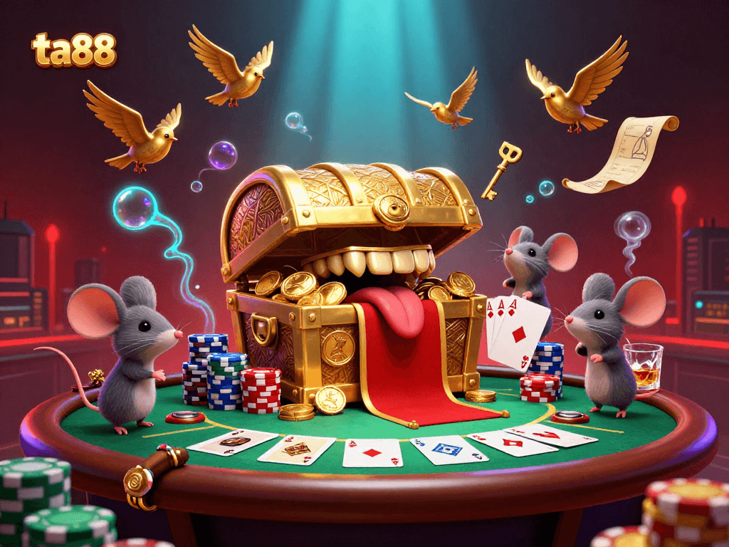 Engage with ta88's vibrant casino world featuring a treasure chest luring adventurer mice, rich poker elements.