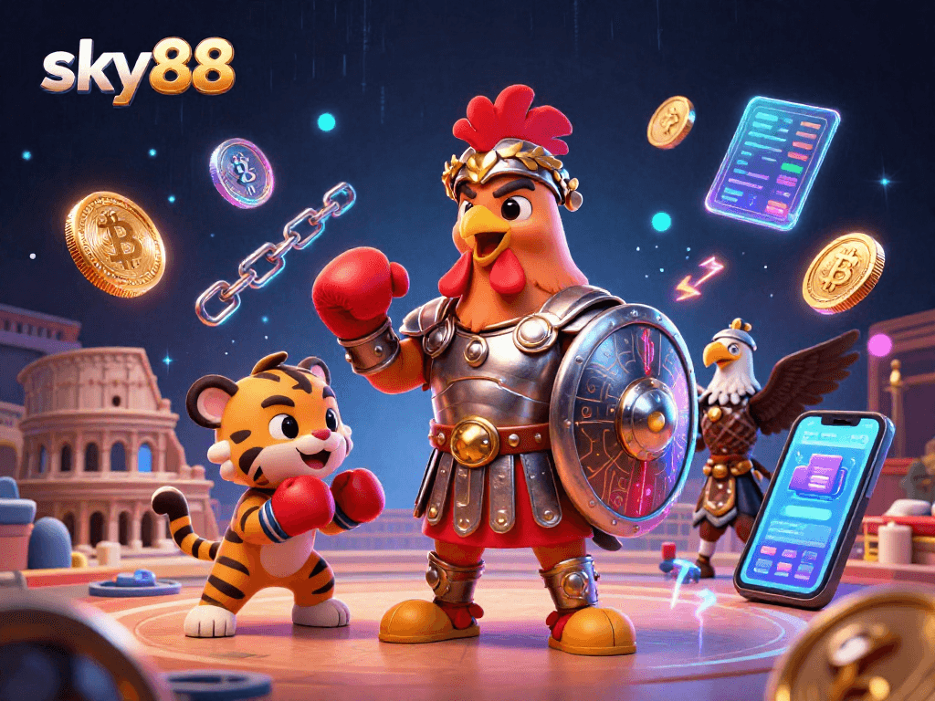 Engage in exciting gameplay at sky88 amidst Bitcoin and Ethereum under a vibrant colosseum scene.