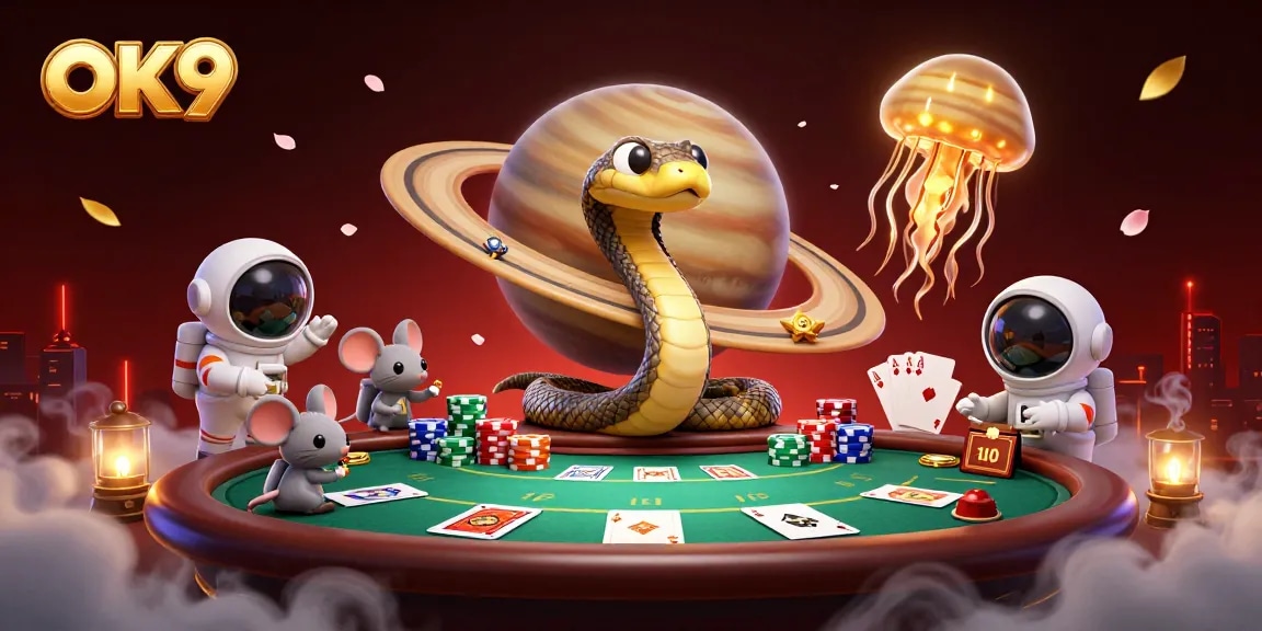 Engage in thrilling bets at OK9 with a cosmic casino scene featuring playful mice and a golden jellyfish dealer.