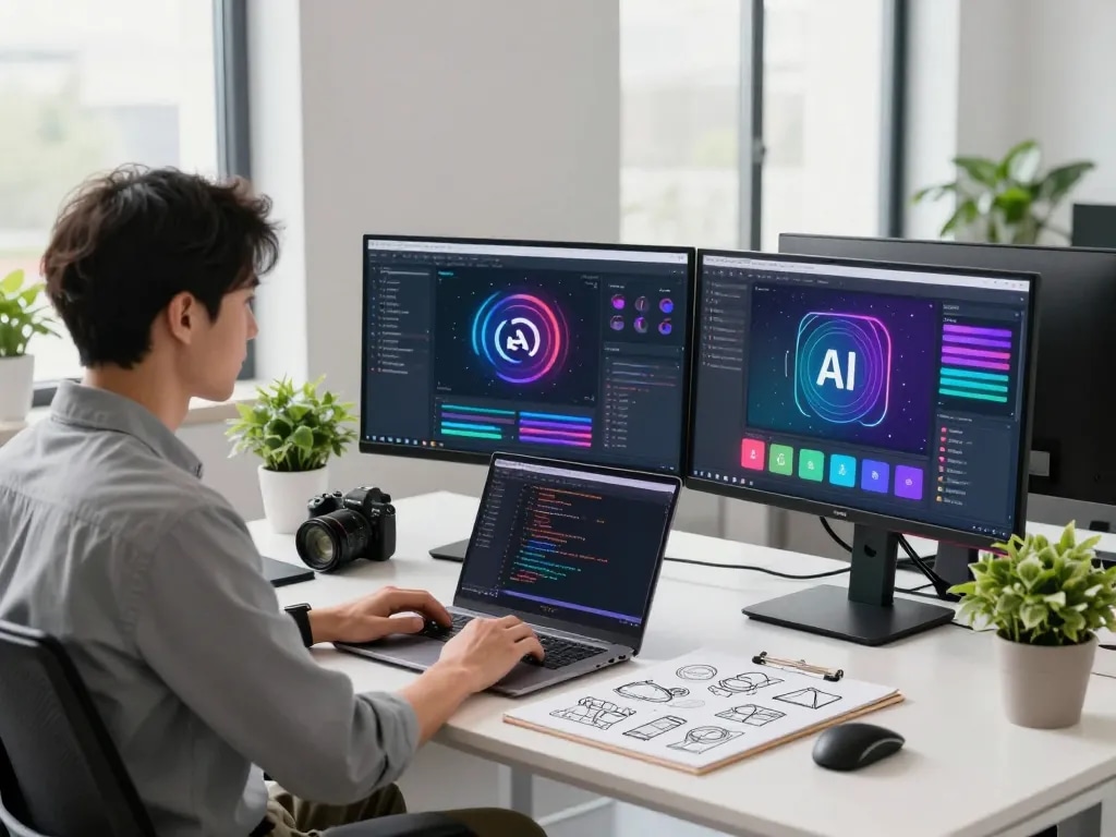 Developer utilizing juicy ai technology in a modern workspace, showcasing AI tools and interface designs.