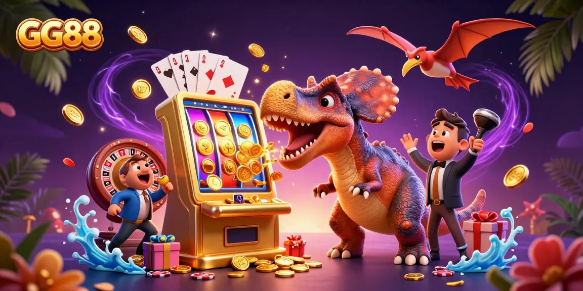 GG88 unleashes a jackpot frenzy with a headbutting dinosaur at a vibrant slot machine.