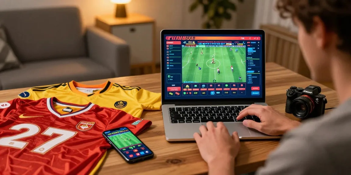 Penggemar judi online SIS4D melakukan taruhan sepak bola di rumah dengan laptop dan smartphone, atmosfer hangat.