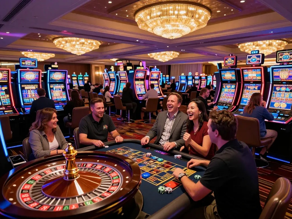 Experience the excitement of GA88 with players engaging at vibrant casino slot machines.
