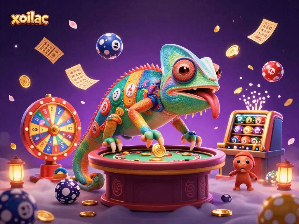 Engage with xoilac's colorful casino atmosphere, featuring a vibrant chameleon animation and dynamic lottery elements.