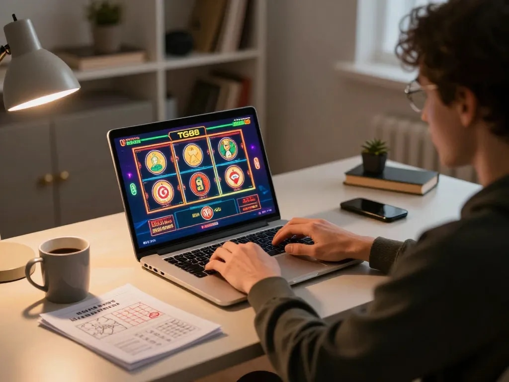 Engaging in TG88 online casino gaming with a laptop, emphasizing strategy and responsible play