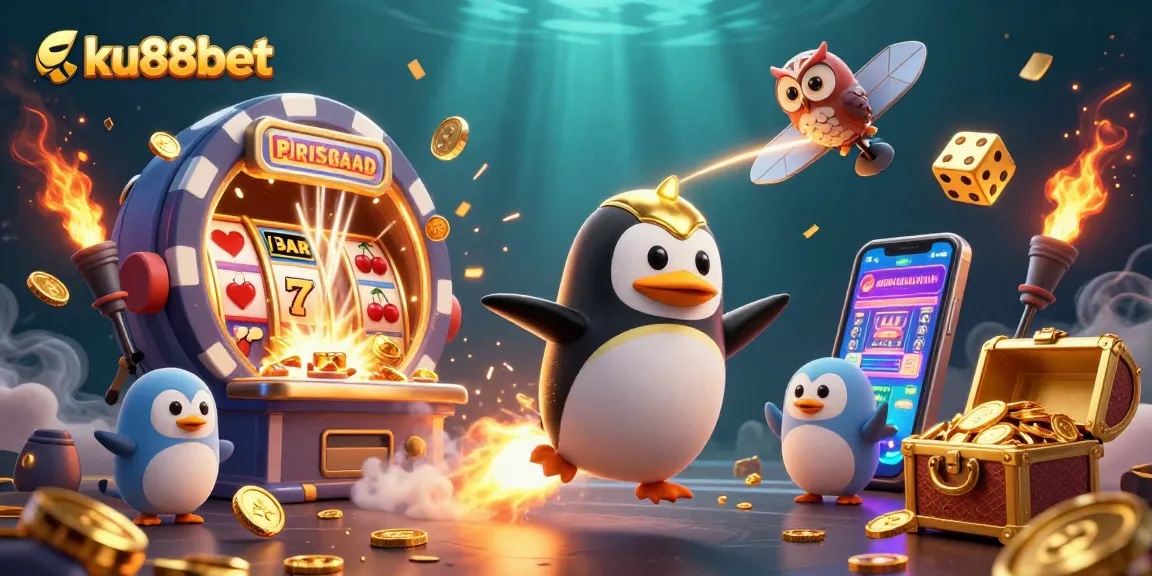 Spin the reels with ku88bet as a golden penguin flies to a vibrant casino universe!