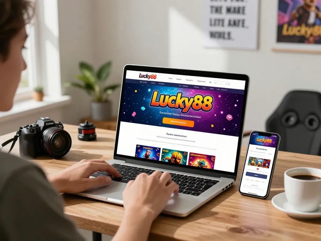 Đăng ký Lucky88 on a laptop with vibrant promotional banners and gaming accessories.