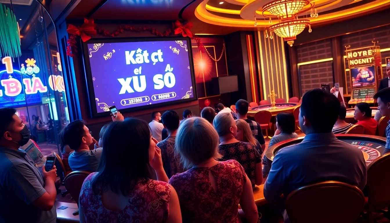 Celebrating Kết quả xổ số with eager gamblers in a vibrant casino setting.