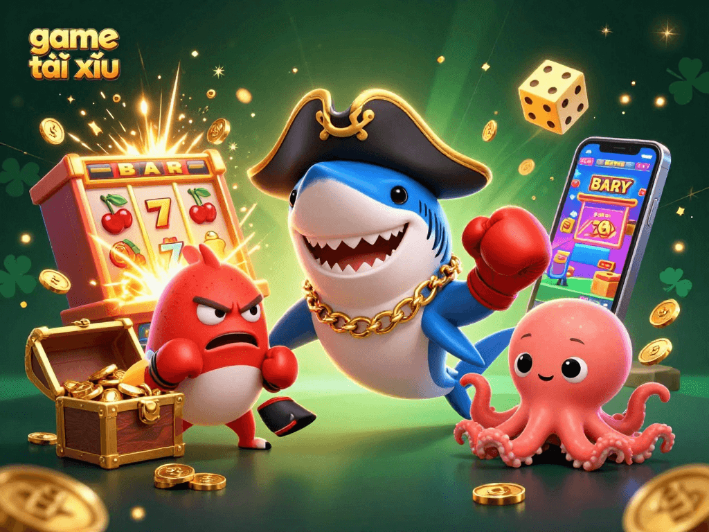 Experience the thrill of game tài xỉu with vibrant characters and slot symbols exploding in action.