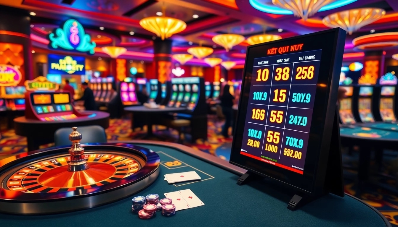 Check Kết quả xổ số displayed on a digital board in an exciting casino atmosphere.