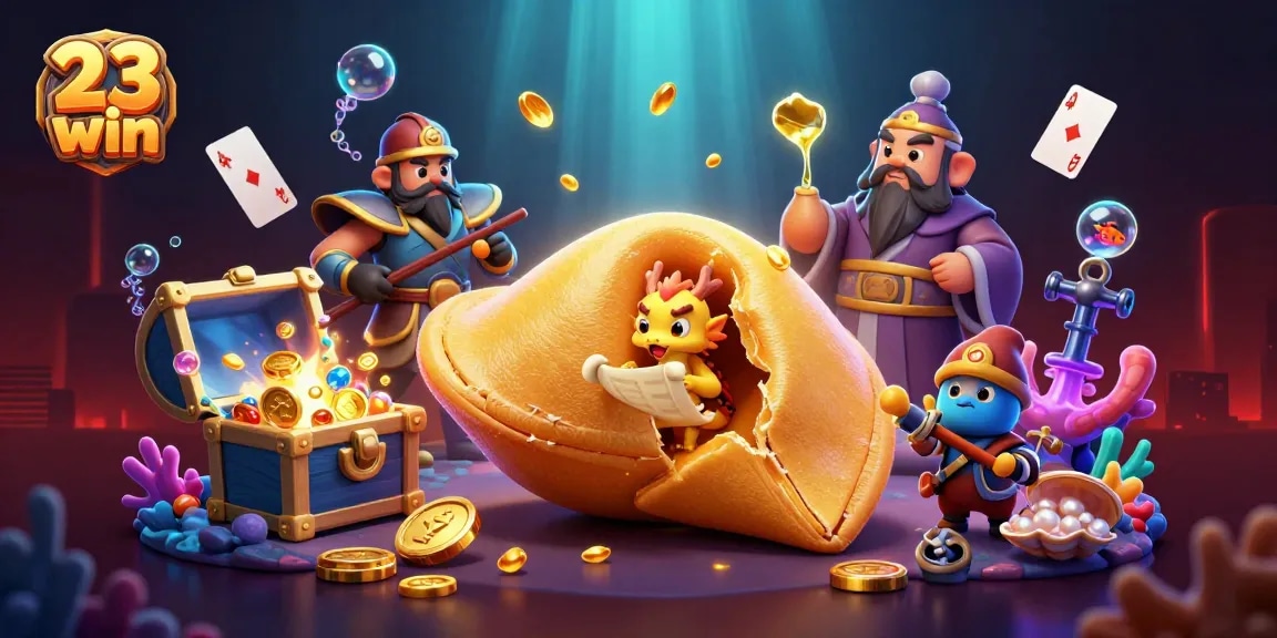 Engage in thrilling 23 win adventures with a vibrant casino scene featuring a giant fortune cookie and golden treasures.