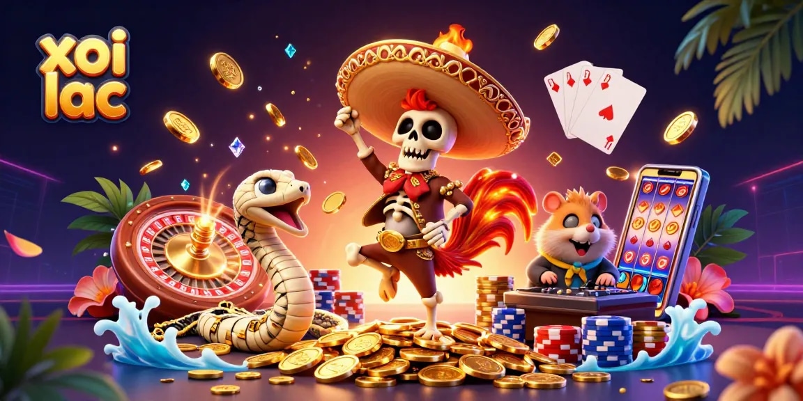Experience thrilling action at xoi lac with a vibrant 3D illustration of dynamic characters celebrating wins around casino elements.