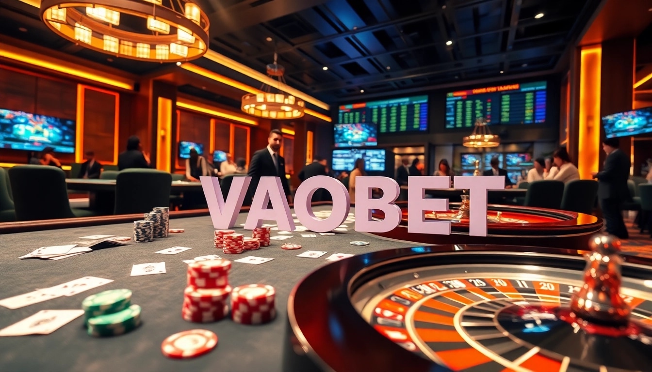 Engage with VAOBET at a luxurious casino table, featuring vibrant poker chips and a roulette wheel.