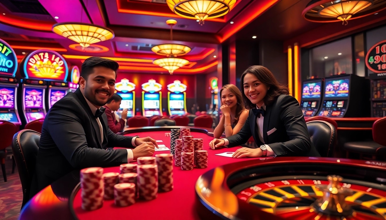 Players enjoying a strategic poker game with Vuabai9 theme, vibrant casino ambiance
