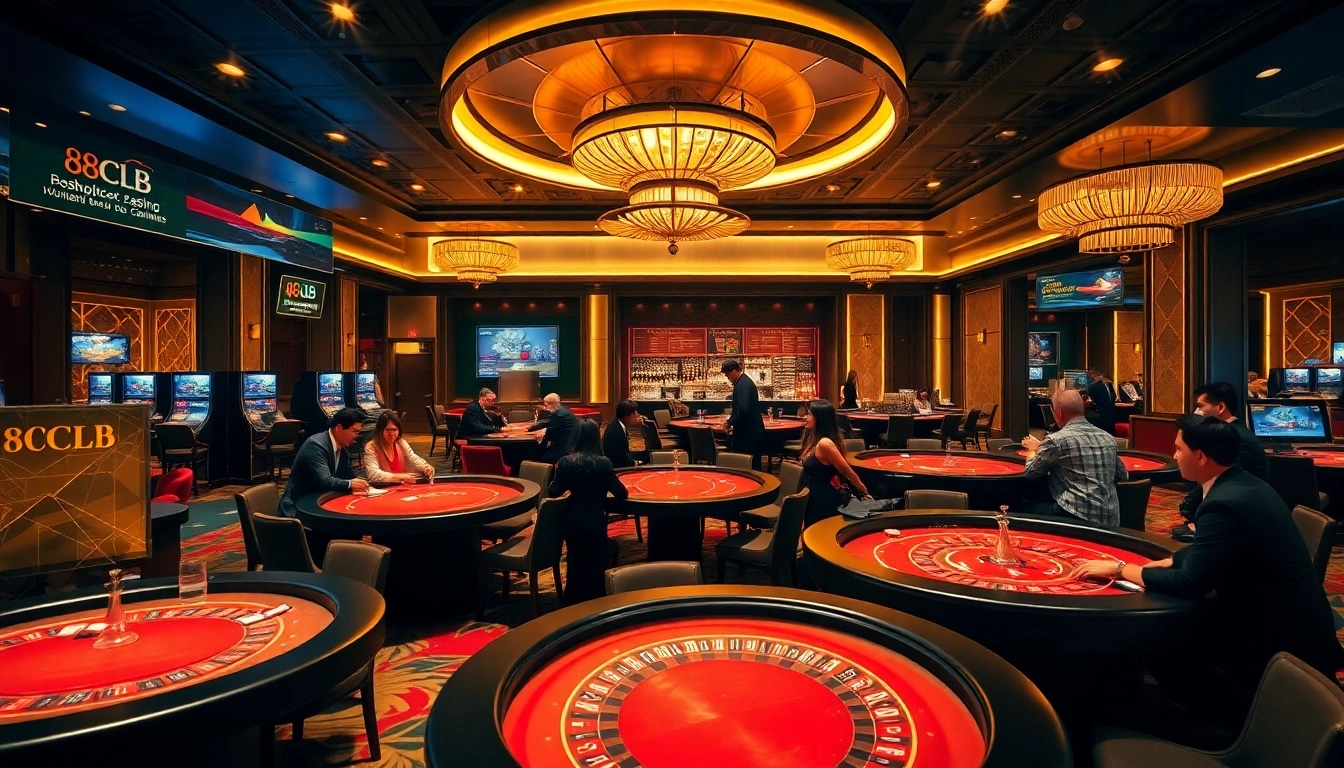 88CLB casino vibrant gaming area with players engaged in diverse games.