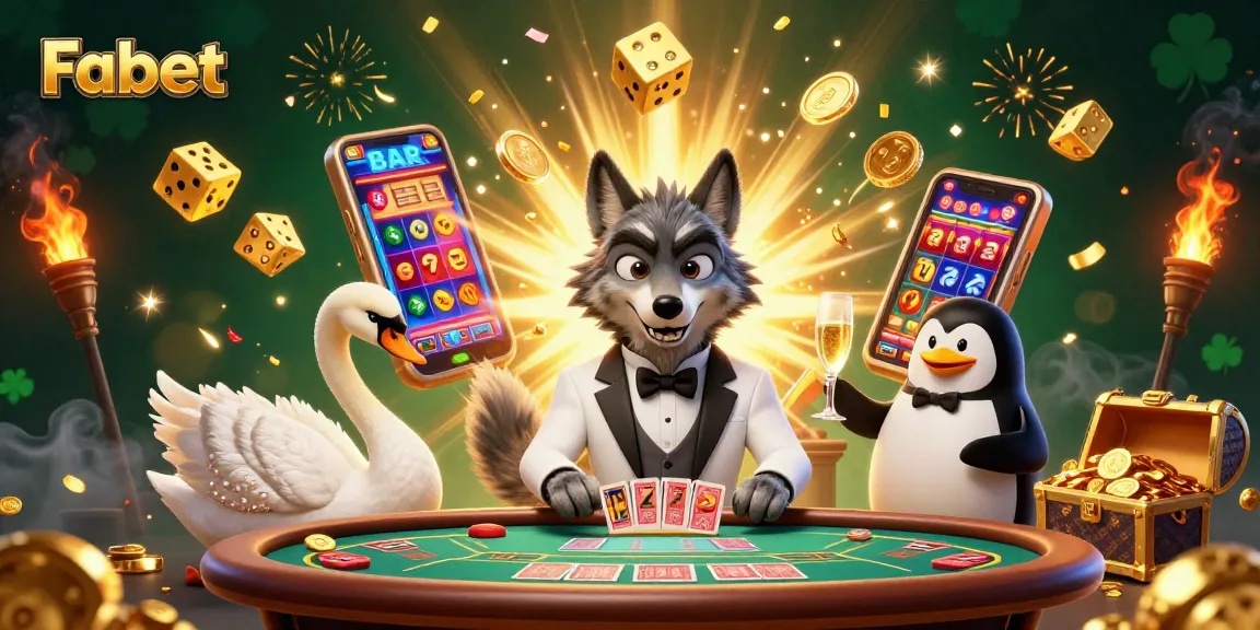 Experience Fabet's thrilling casino atmosphere with a vibrant 3D scene featuring a debonair wolf at a baccarat table.