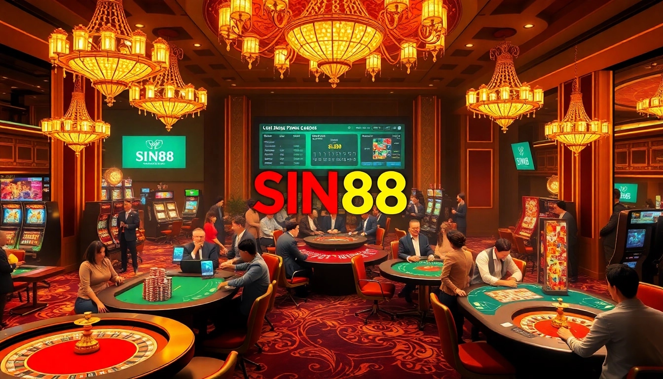 SIN88 gaming experience with lively casino scene showcasing diverse players at roulette and poker tables.