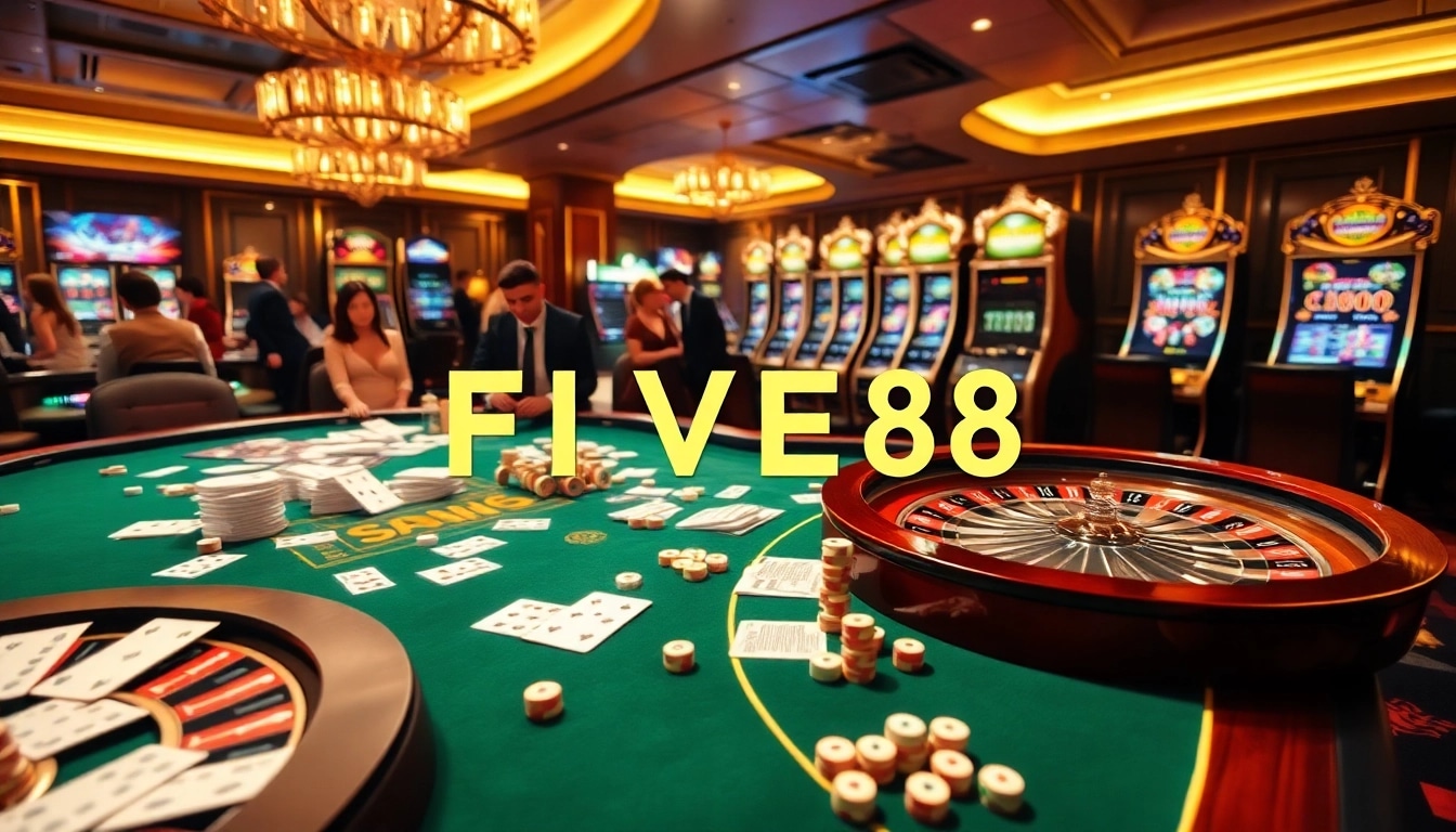 Players enjoying casino games at FIVE88 with vibrant tables and slot machines.
