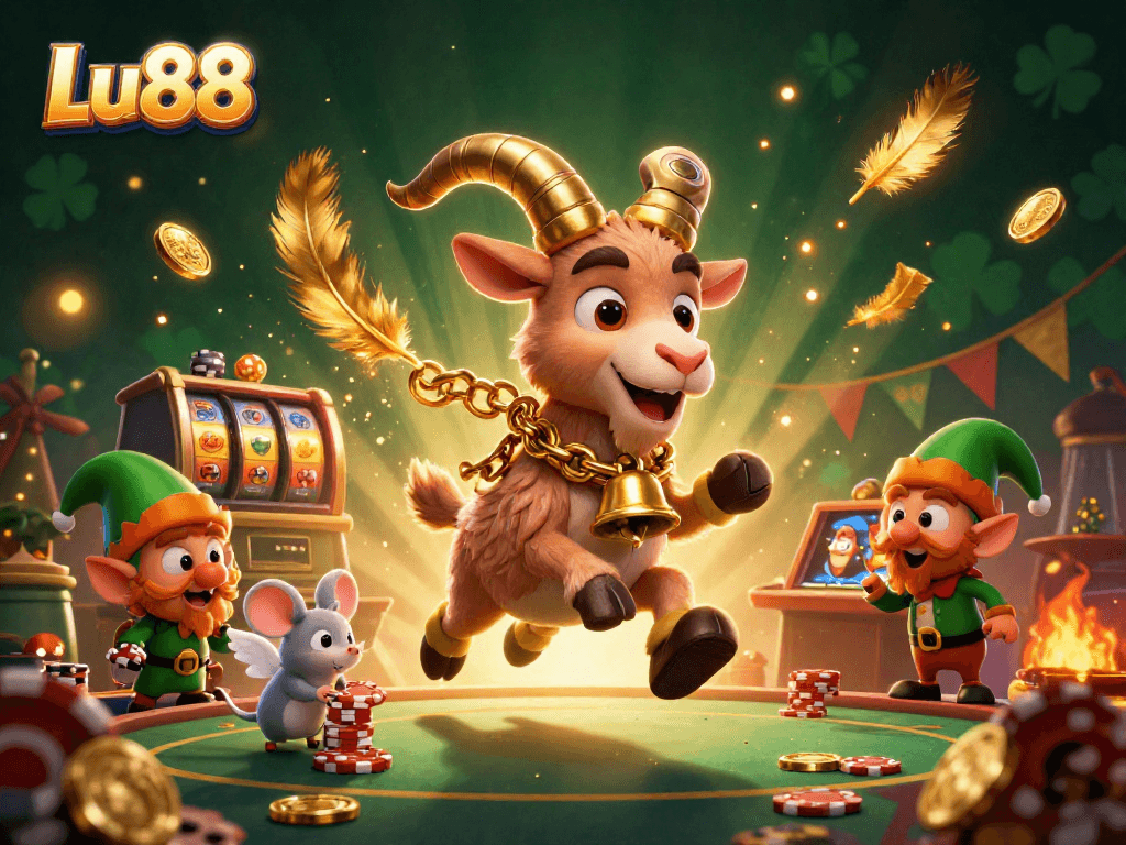 Experience the thrill of Lu88 with a festive casino scene featuring Krampus and elf gremlins among dynamic game elements.