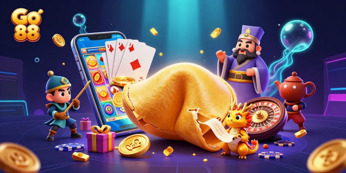 Experience the vibrant world of Go 88, featuring a golden fortune cookie, a wise dragon, and exciting gambling elements