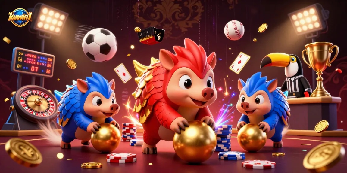 Kuwin1 features an exciting dynamic scene with cartoon pangolins engaging in a live casino game.