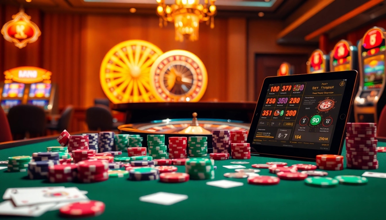 Engaging scene at U 888 casino with poker chips, cards, and roulette table.