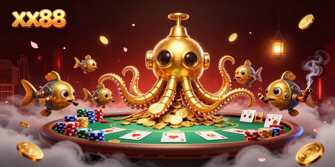 Experience xx88's thrilling online gaming with a vibrant, dynamic casino scene featuring a golden kraken.